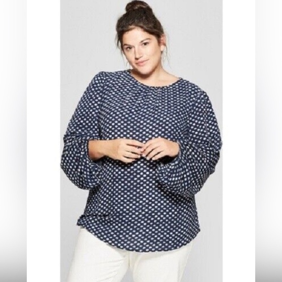 Ava & Viv Polka Dot Blouse Top Navy Blue 2X - Picture 1 of 8